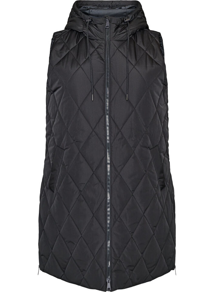 Mid-length quilted gilet with hood, Black, Packshot image number 0