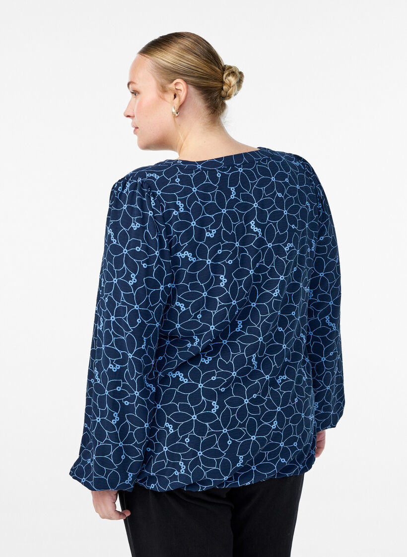 Long-sleeved blouse with floral embroidery, Blue, Model image number 2