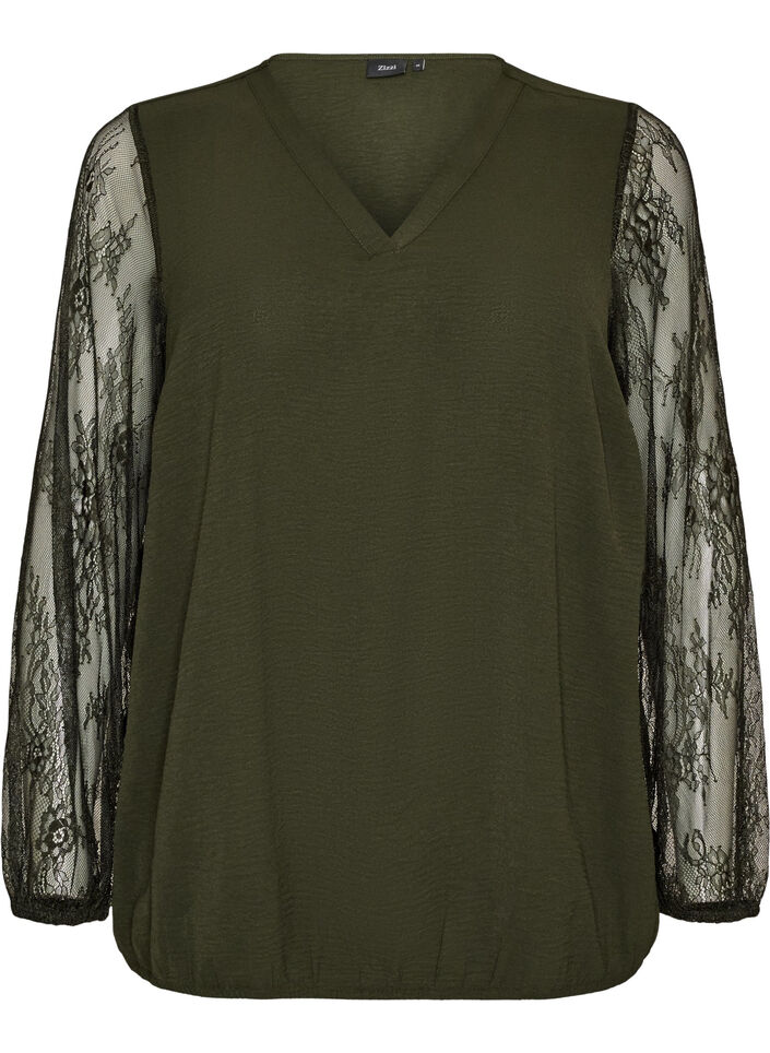 Blouse with lace sleeves and balloon shape, Green, Packshot image number 0