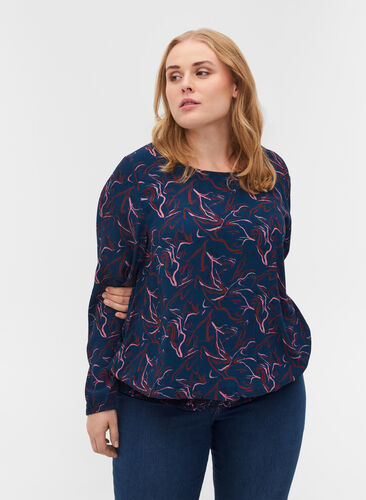 Printed viscose blouse with smock, Dark Blue AOP, Model image number 0