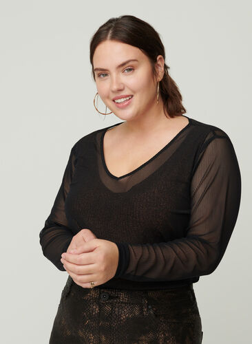 Long-sleeves blouse with lurex and a V-neck, Black, Model image number 0