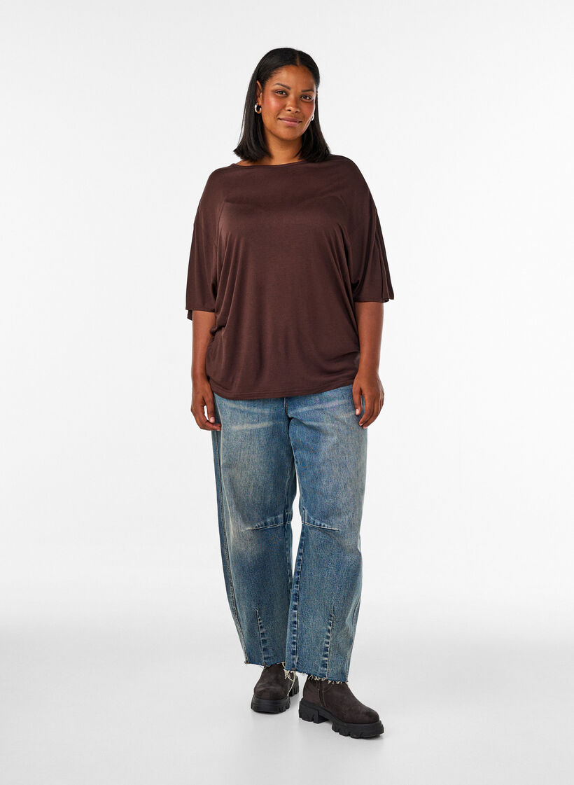 Loose T-shirt in viscose jersey, Brown, Model image number 1