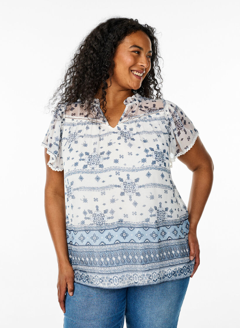 Patterned blouse with ruffle detailing and short sleeves, White, Model image number 0