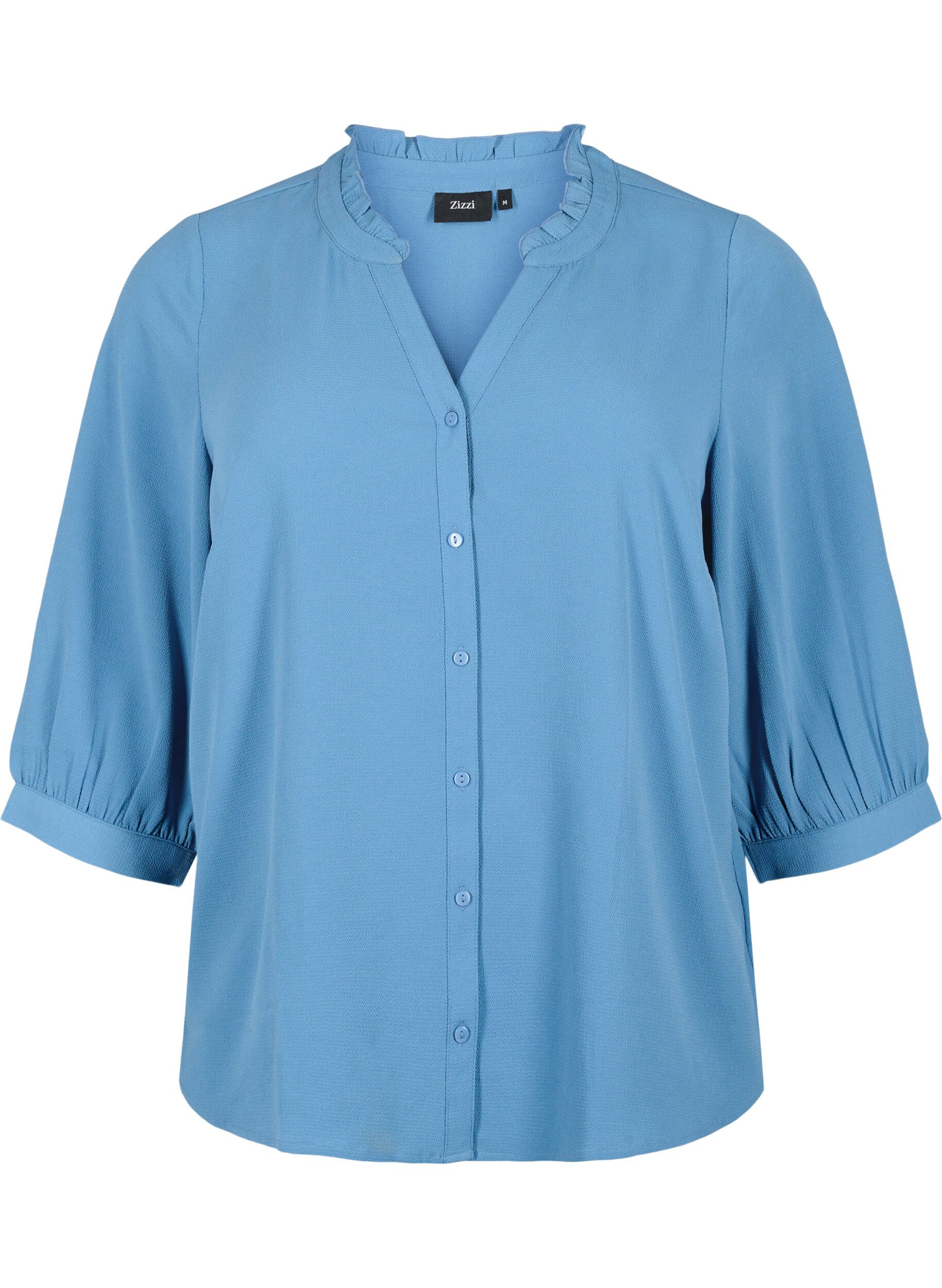 Zizzifashion Shirt blouse with 3/4 sleeves and ruffle collar, Moonlight Blue, Packshot image number 0