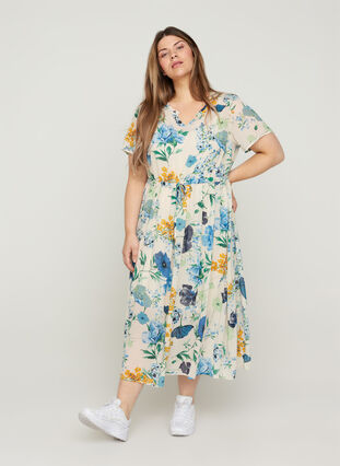 Midi dress with flower pattern and short sleeves, AOP Flower, Model image number 0