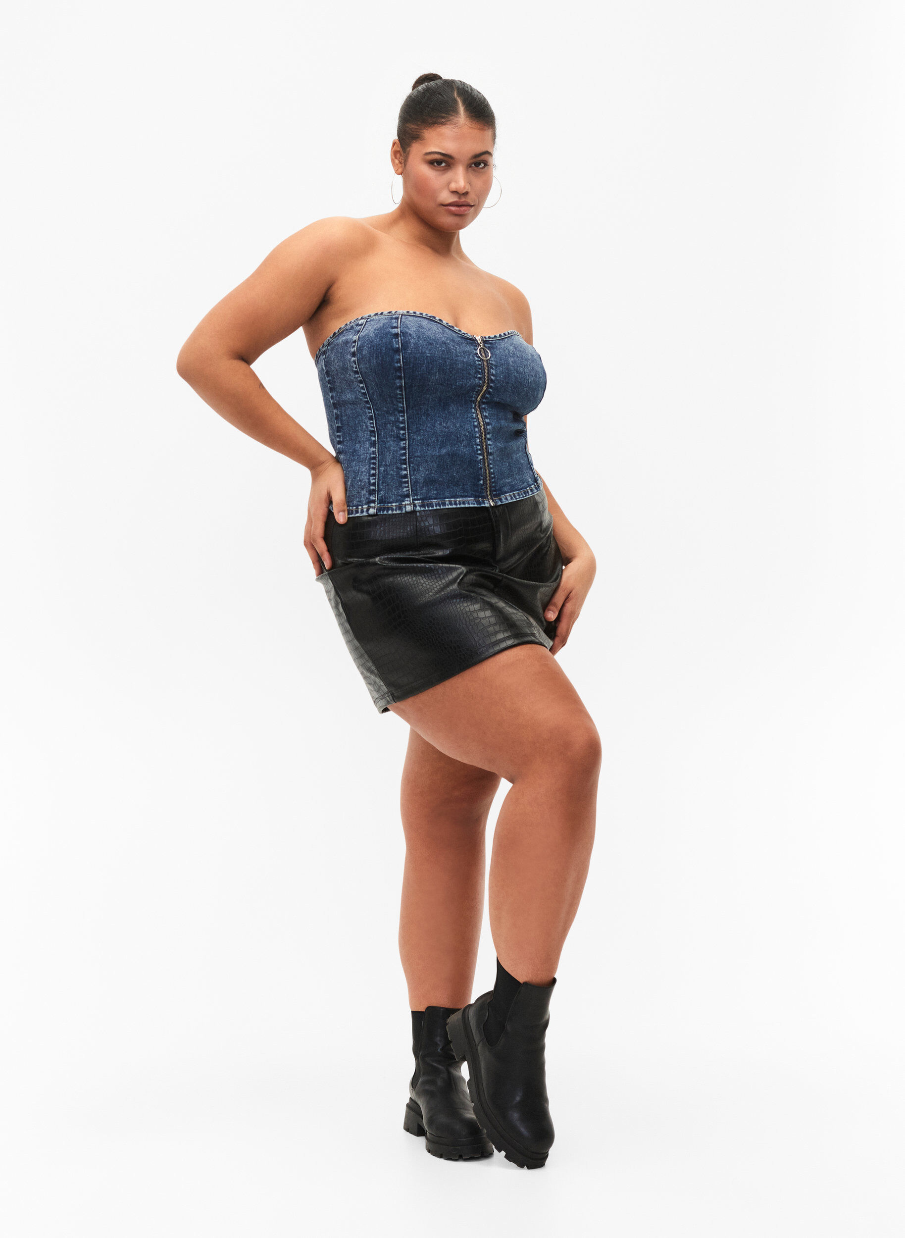 Zizzifashion Denim corset top with zip, Blue denim, Model image number 3