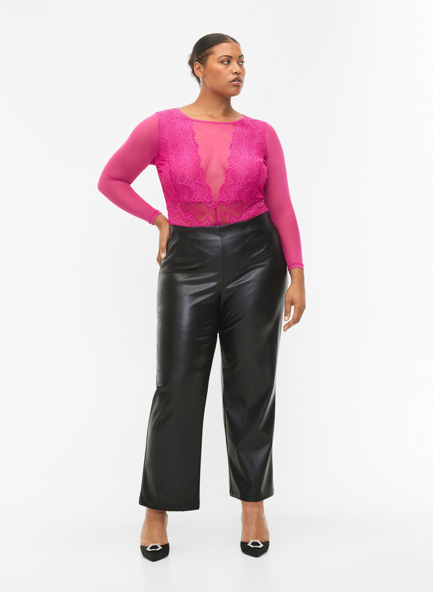 Zizzifashion Imitated leather trousers with a wide leg., Black, Model image number 0