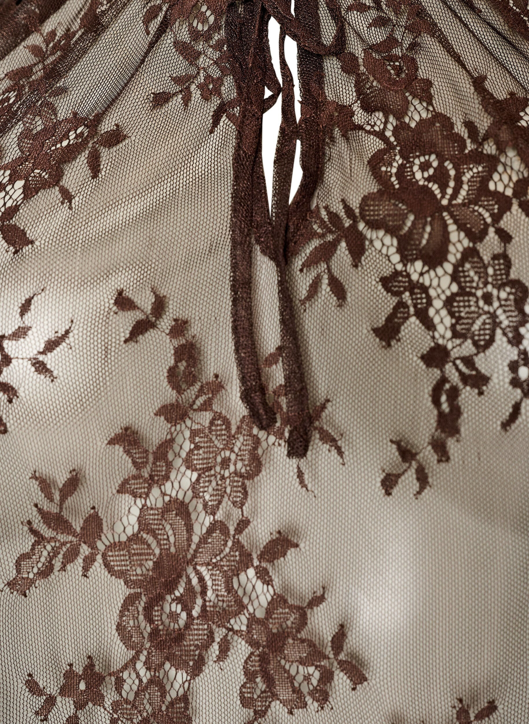 Zizzifashion Short-sleeved lace blouse with tie-fastening, Brown, Packshot image number 2