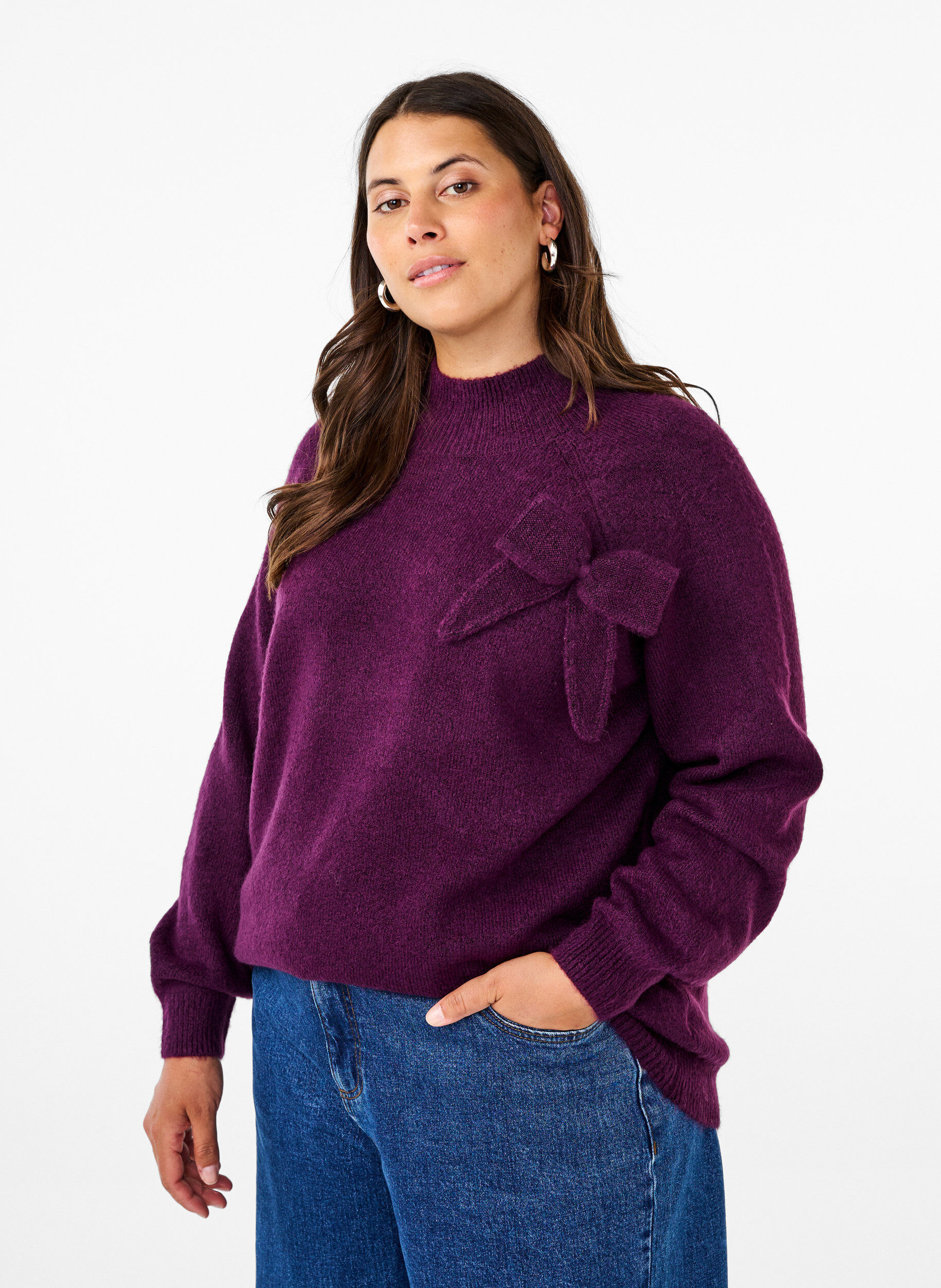 Zizzifashion Knitted blouse with bow detail, Potent P. Black Mel., Model image number 0