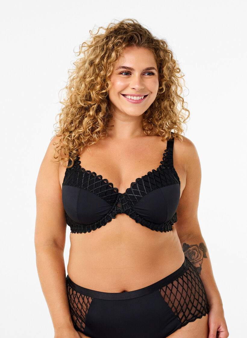 Padded bra with underwire and lace details, Black, Model image number 0