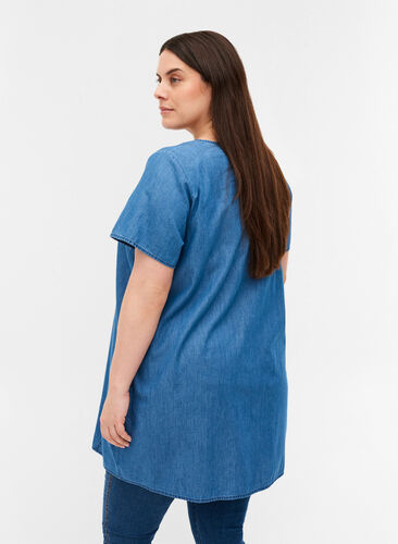 Short-sleeved denim tunic in cotton, Medium Blue Denim, Model image number 1