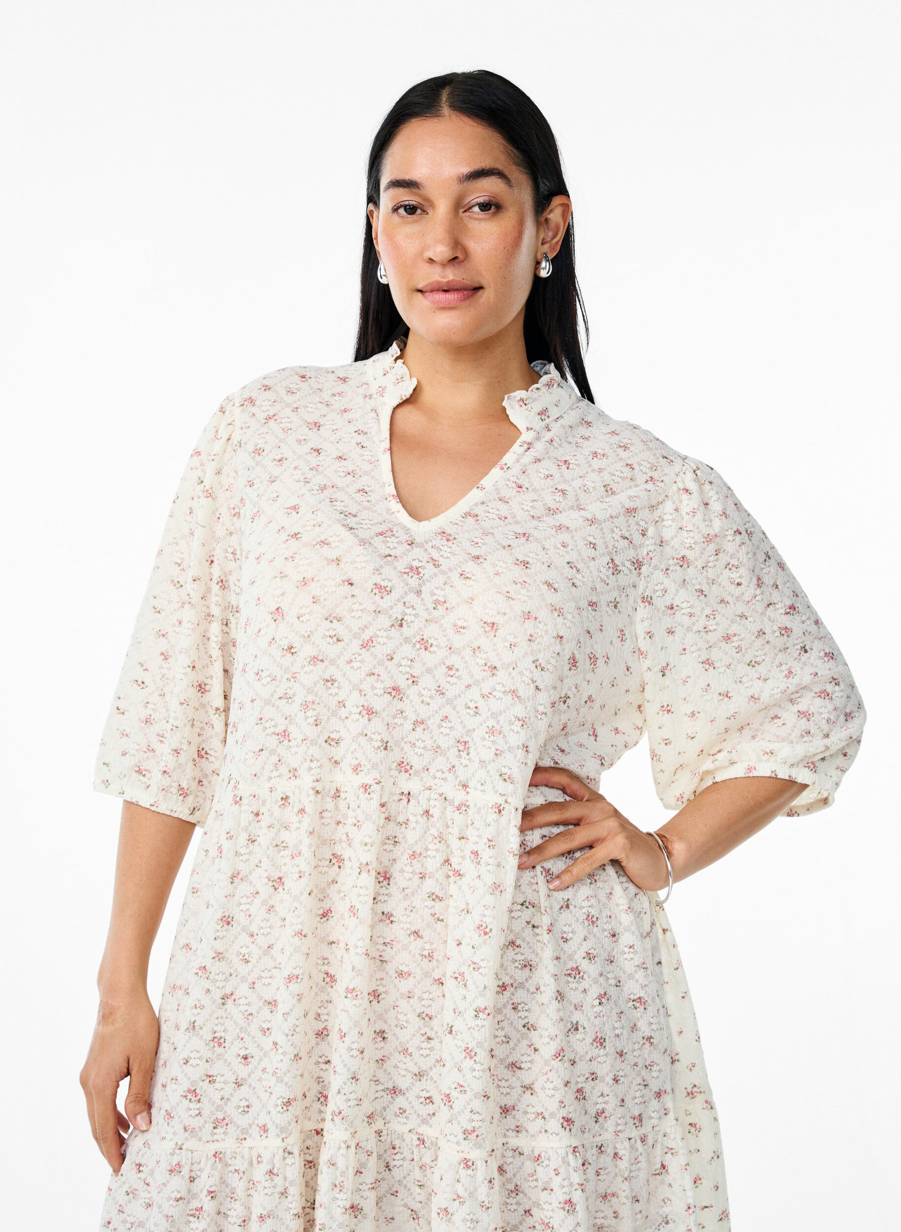 Zizzifashion Short A-line dress with 1/2 sleeves, White, Model image number 2