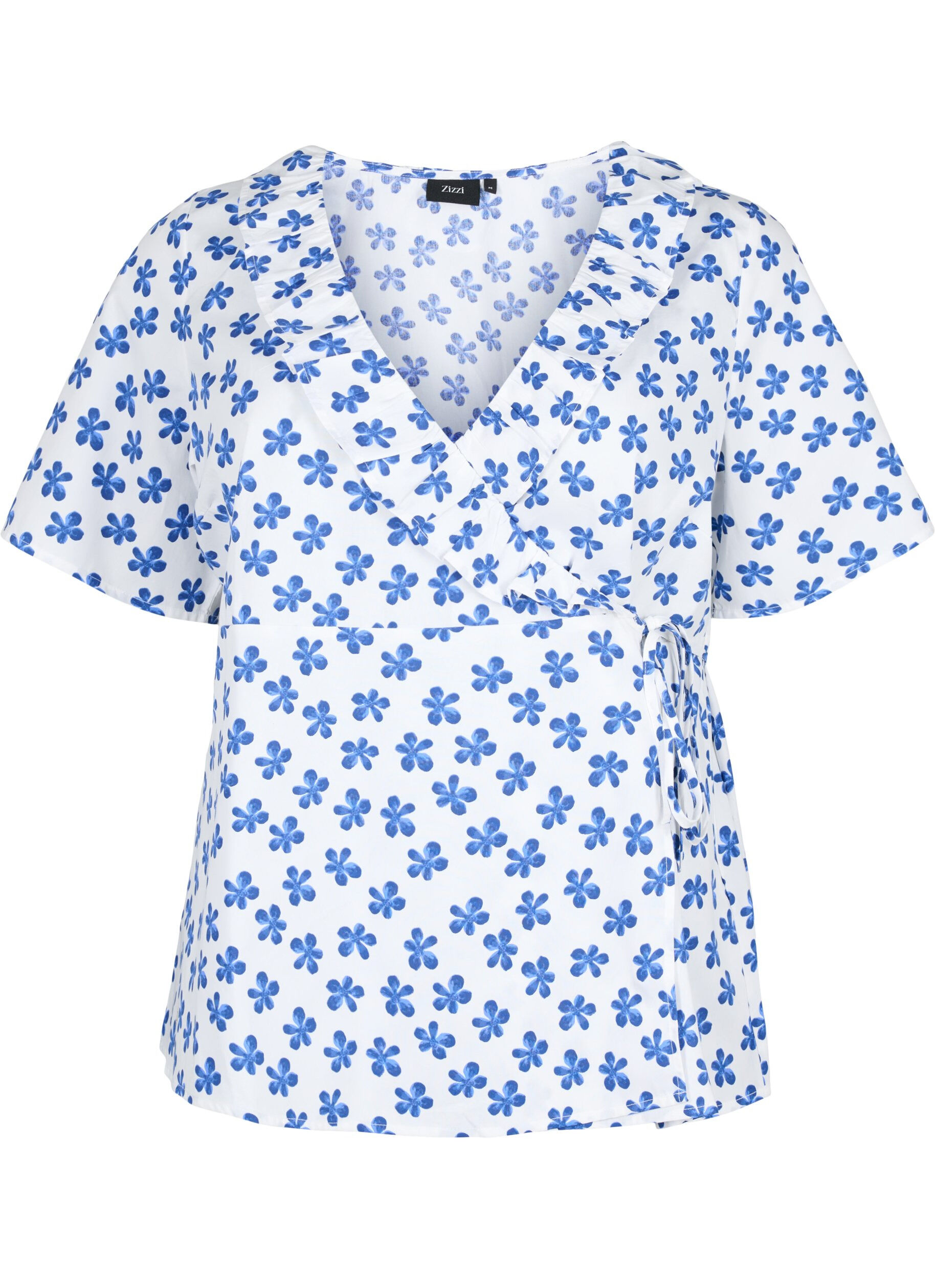 Zizzifashion Cotton wrap blouse with floral print, B.White/Small Flower, Packshot image number 0