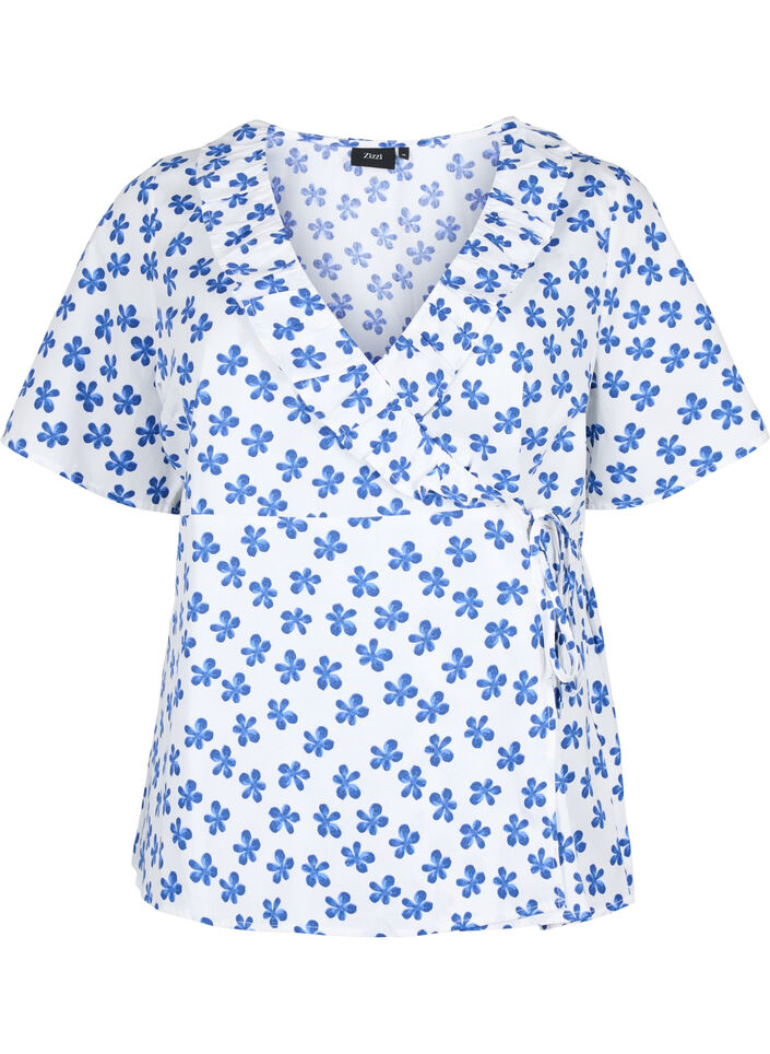 Cotton wrap blouse with floral print, B.White/Small Flower, Packshot image number 0