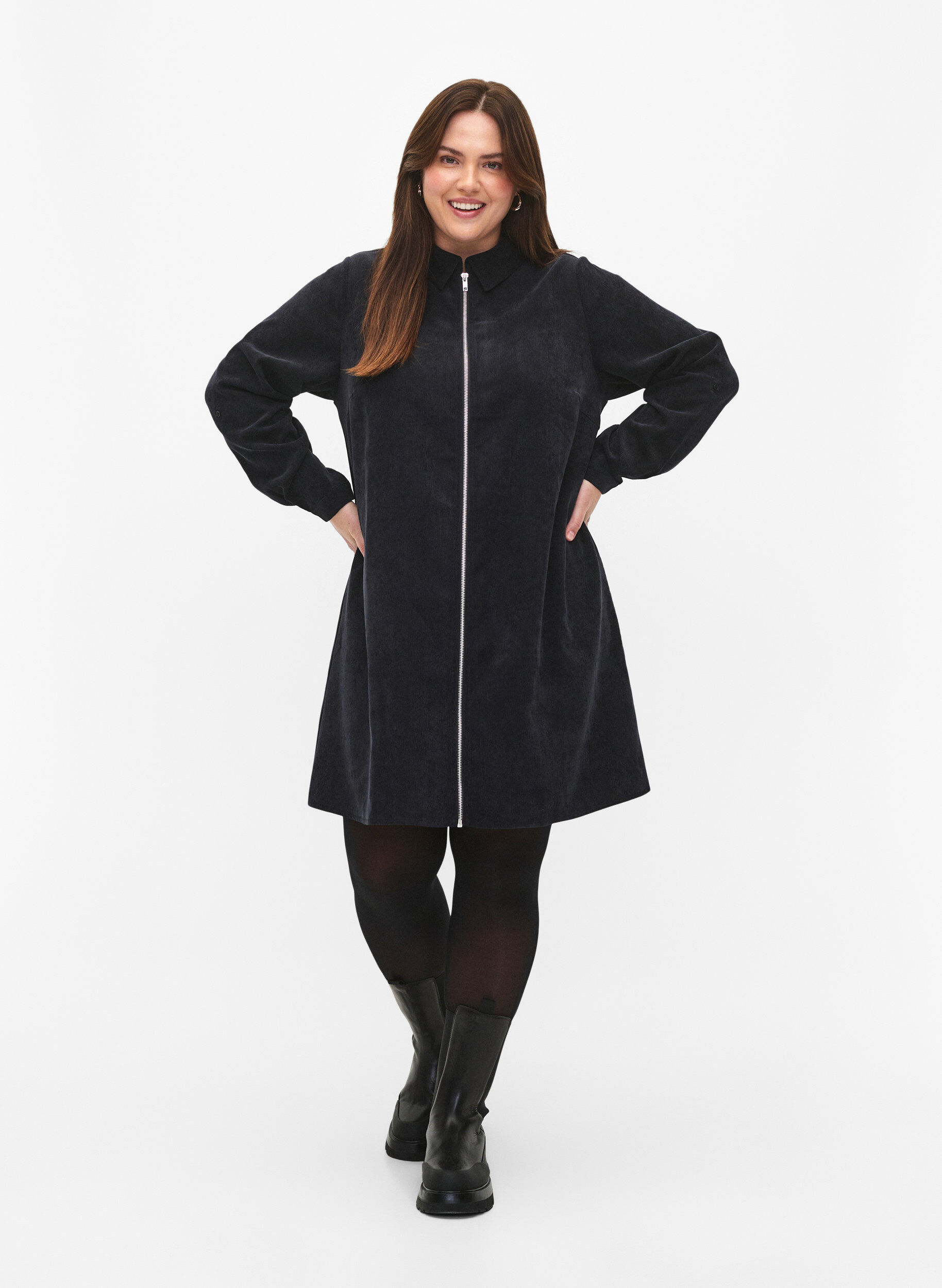 ZizzifashionVelvet dress with zipper and 3/4 sleeves, Black, Model image number 1