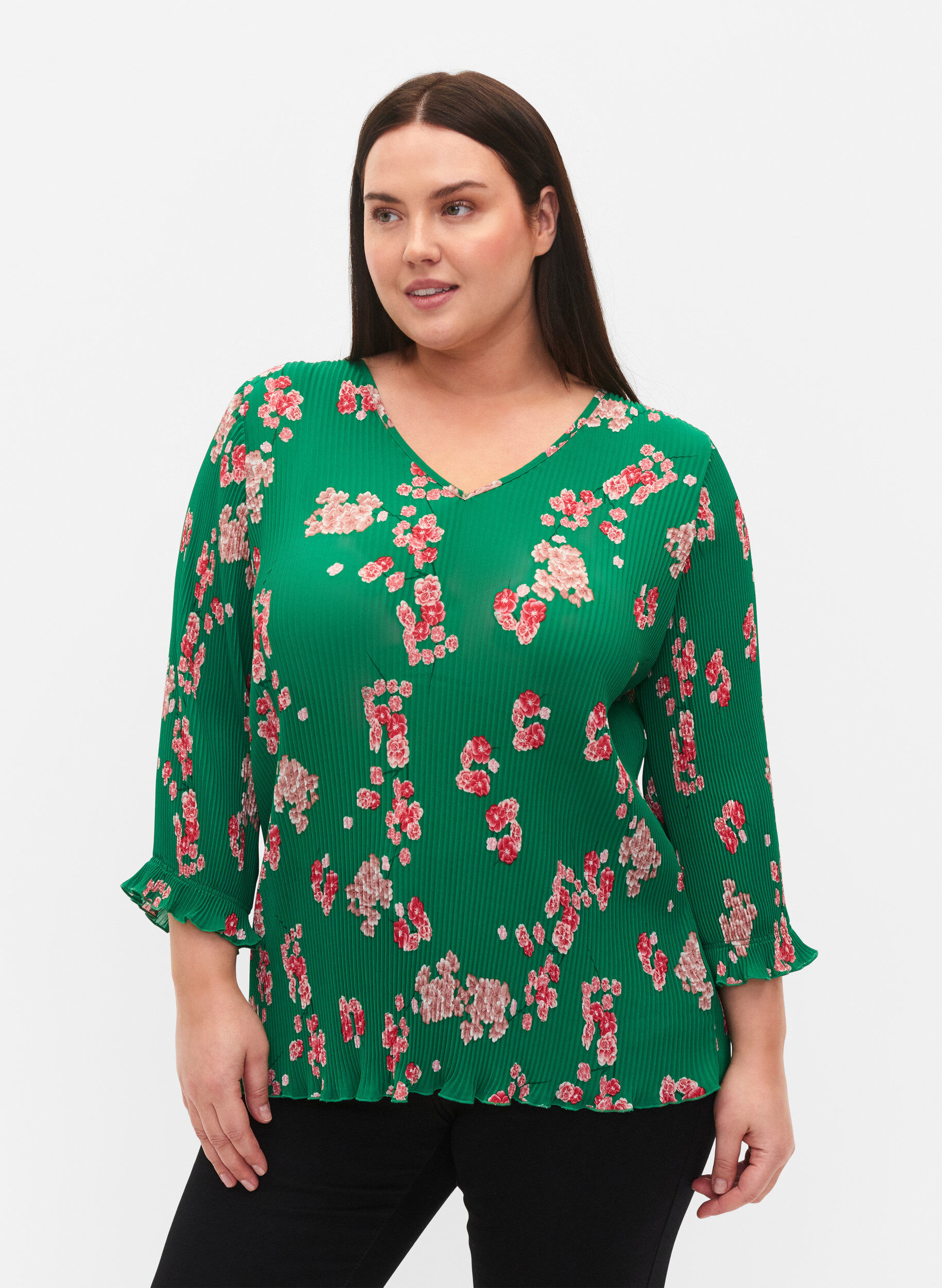 Zizzifashion Pleated top with 3/4 sleeves, Jolly Green Flower, Model image number 0