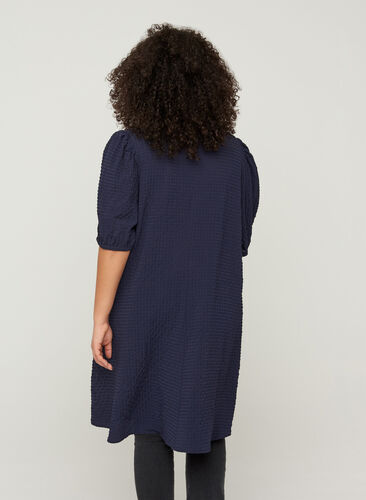 Textured dress with an A-line cut and puff sleeves, Evening Blue, Model image number 1