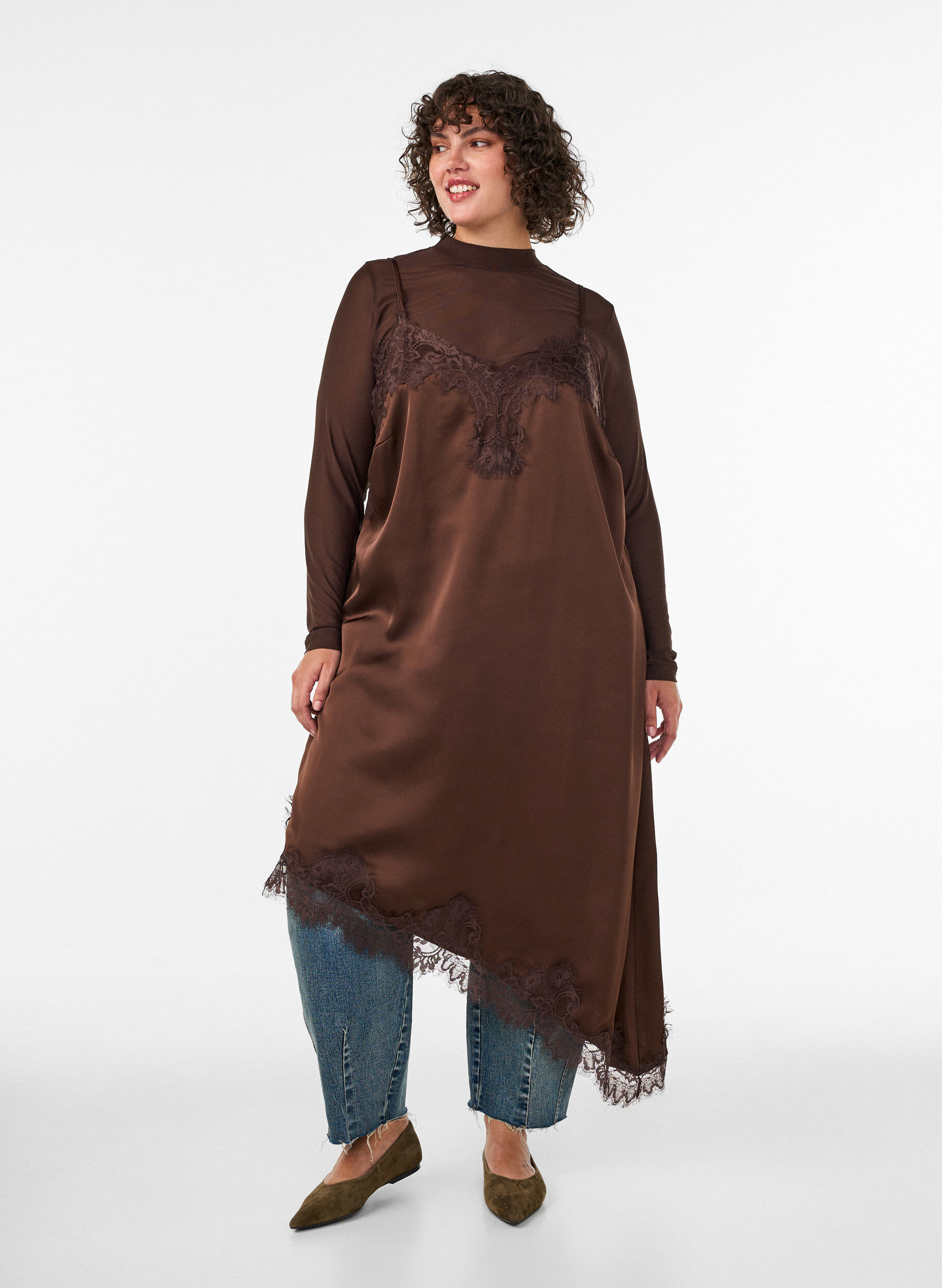 ZizzifashionSatin dress with lace and an asymmetrical hem, Brown, Model image number 1