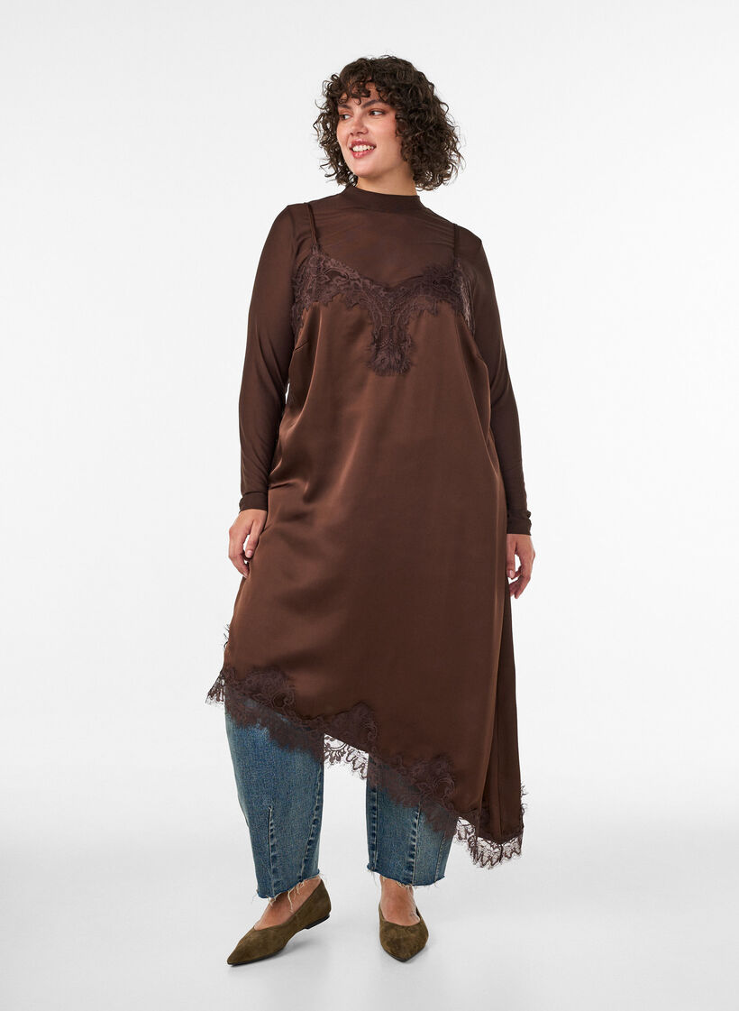 Satin dress with lace and an asymmetrical hem, Brown, Model image number 1