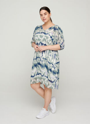 Printed dress with puff sleeves and v-neck, Chinois Green AOP, Model image number 3
