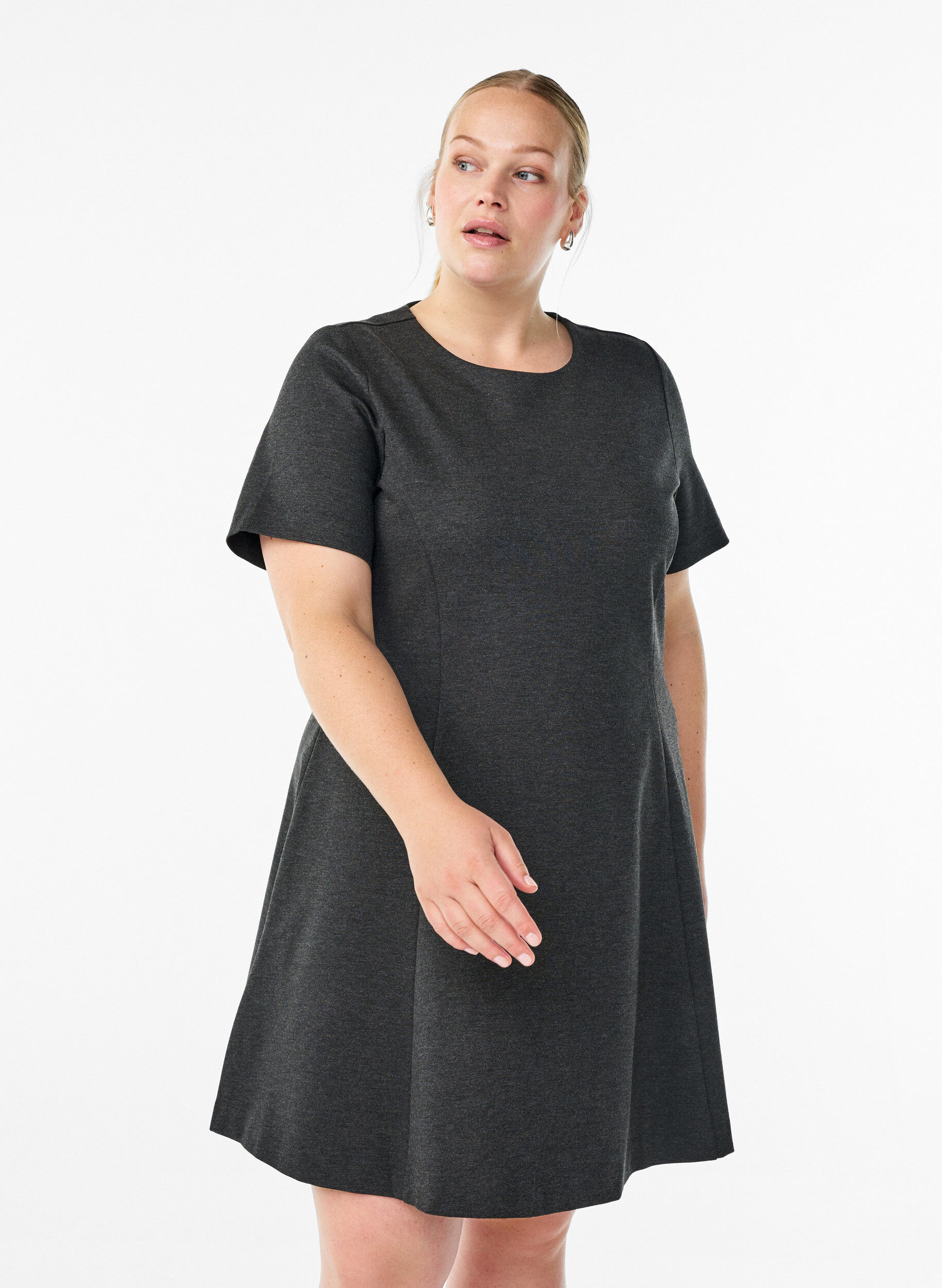 Short A-line jersey dress, Dark Grey, Model