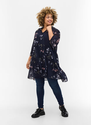 Floral print tunic with 3/4 sleeves, Night Sky Flower, Model image number 2