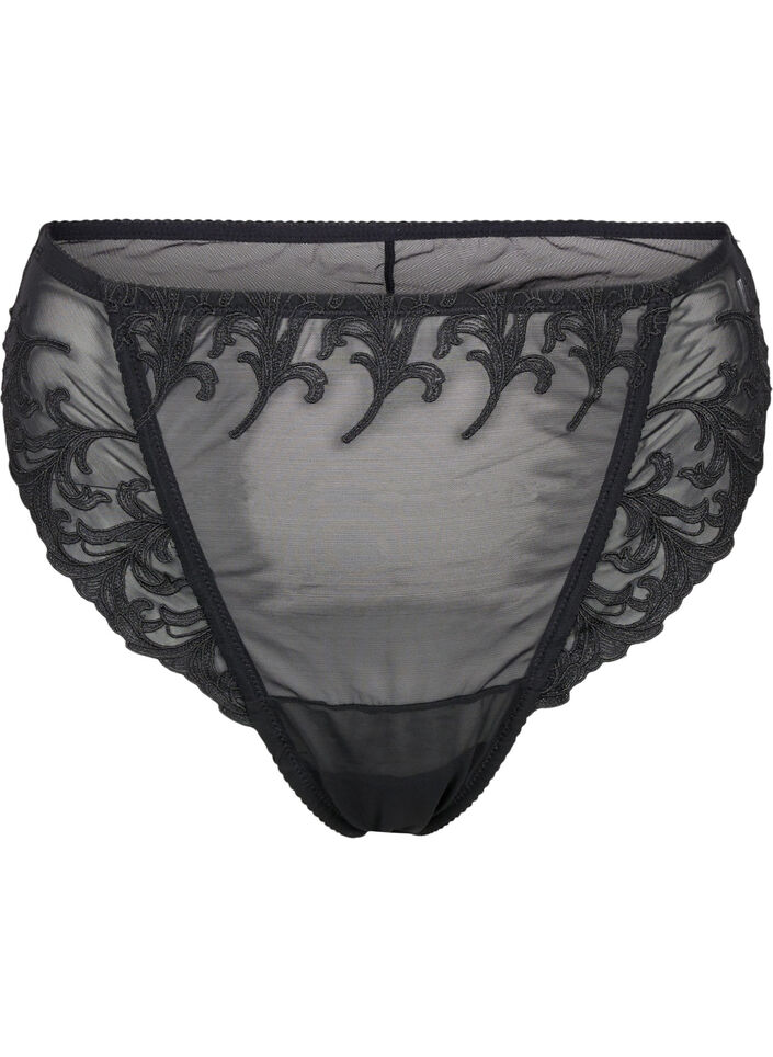 Mesh thong with embroidery details, Black, Packshot image number 0