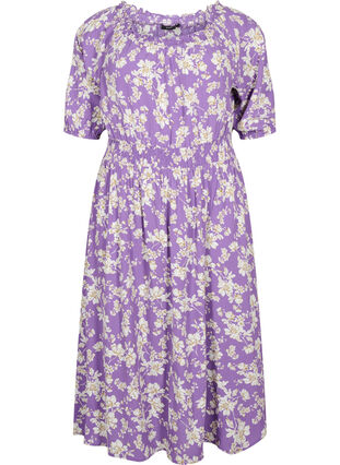 Floral off-shoulder midi dress in viscose, Purple Flower AOP, Packshot image number 0