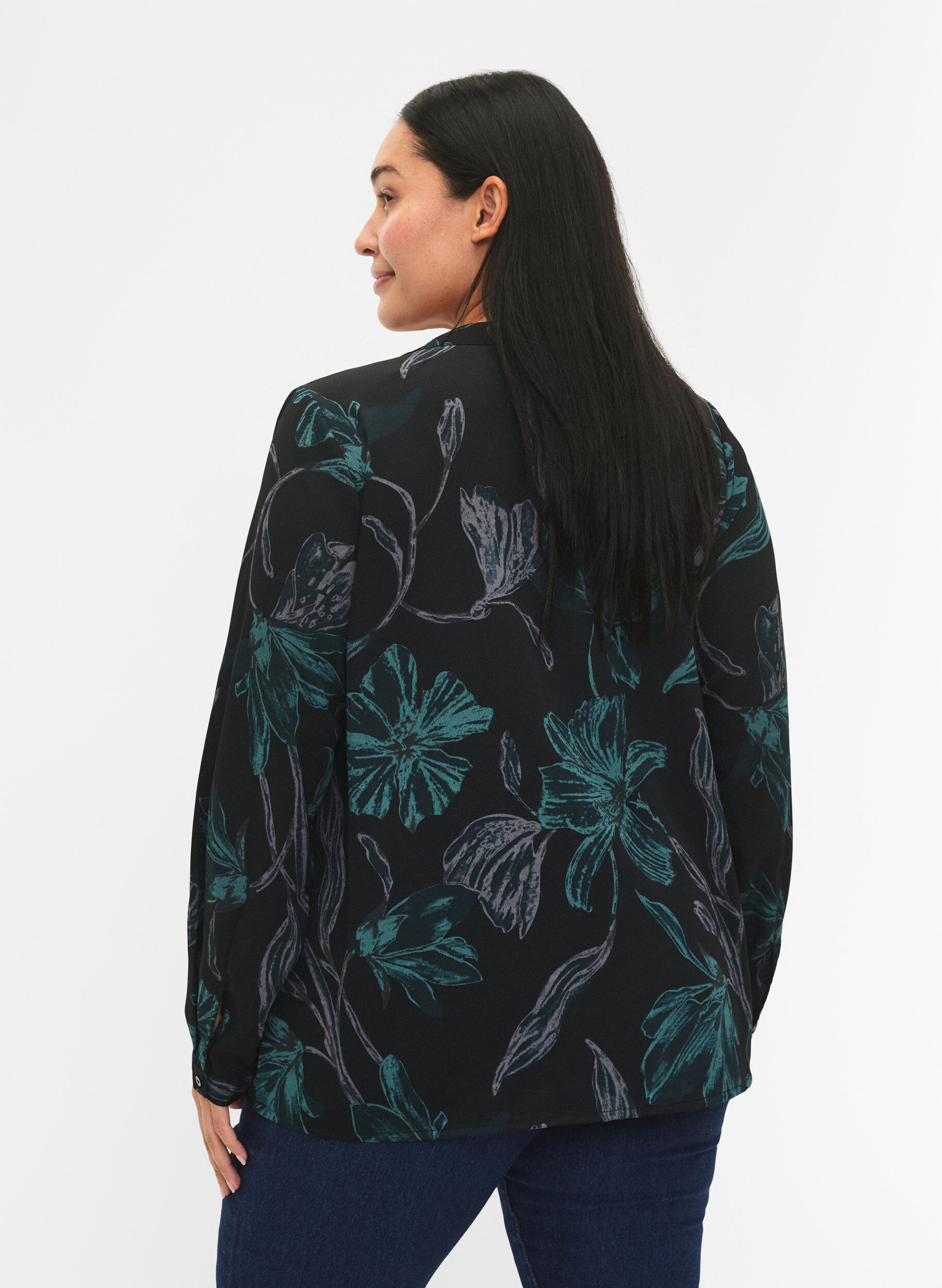 Zizzifashion FLASH - Long sleeve blouse with print, Black Scarab Flower, Model image number 1