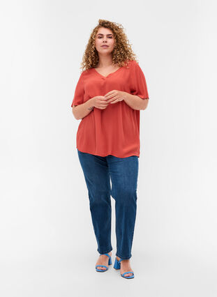 Short-sleeved viscose blouse with V-neckline  , Hot Sauce, Model image number 2