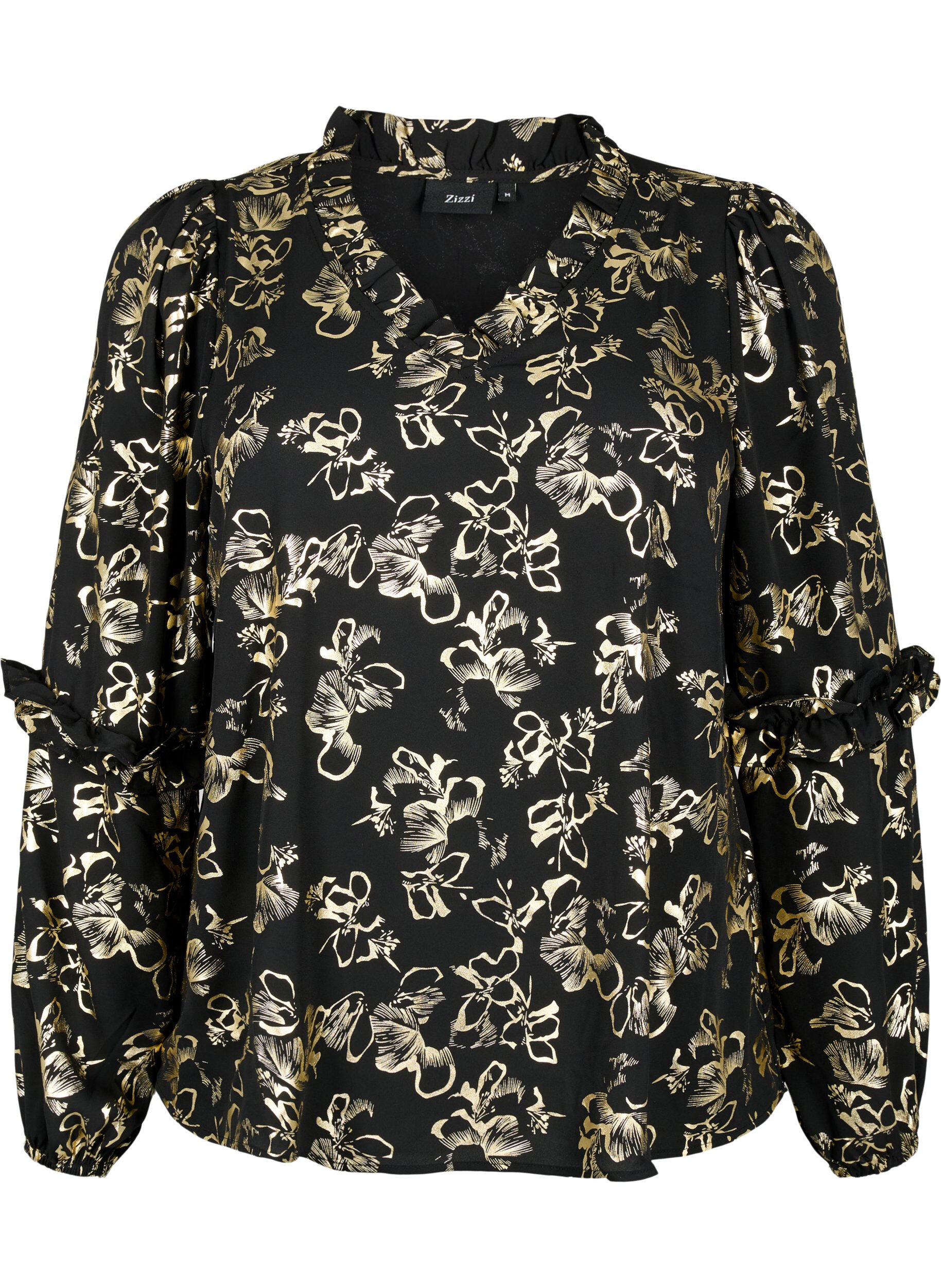 Zizzifashion Long-sleeved blouse with frills and foil print, Black Foil AOP, Packshot image number 0