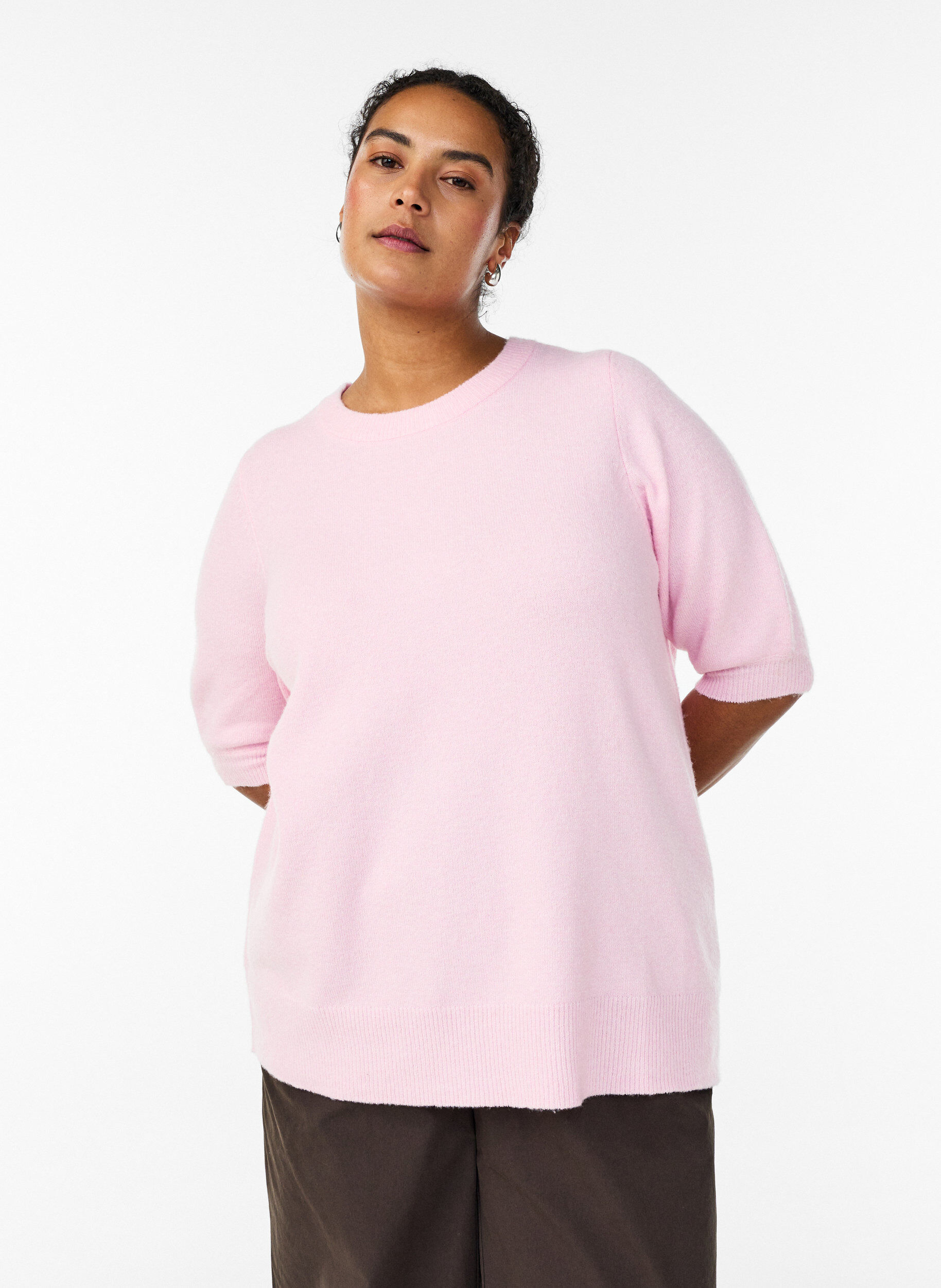 Zizzifashion Knitted blouse with short sleeves, Pink, Model image number 0
