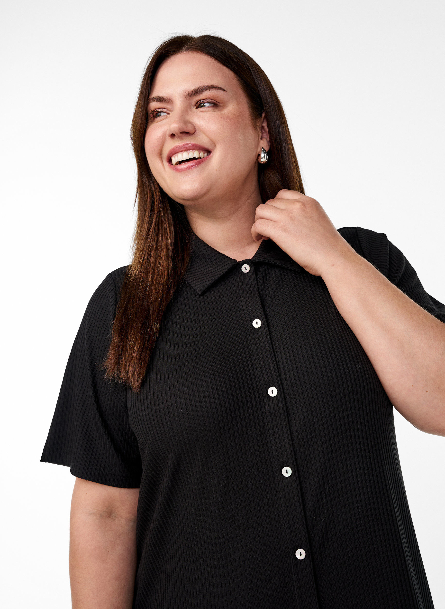 Zizzifashion Maxi dress in jersey with collar and short sleeves, Black, Model image number 2