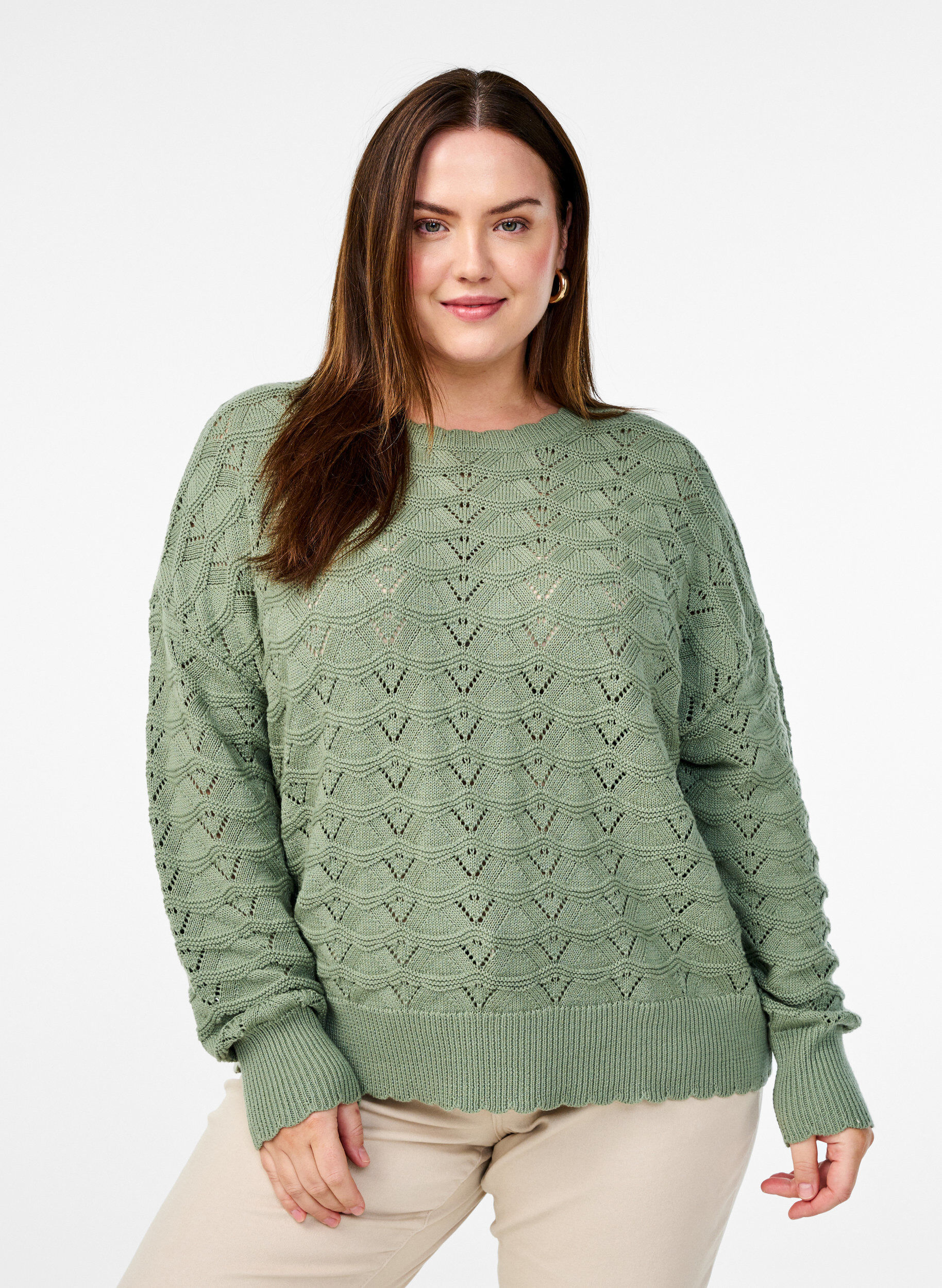 Zizzifashion Long-sleeved knit blouse with an openwork pattern, Green Bay, Model image number 0