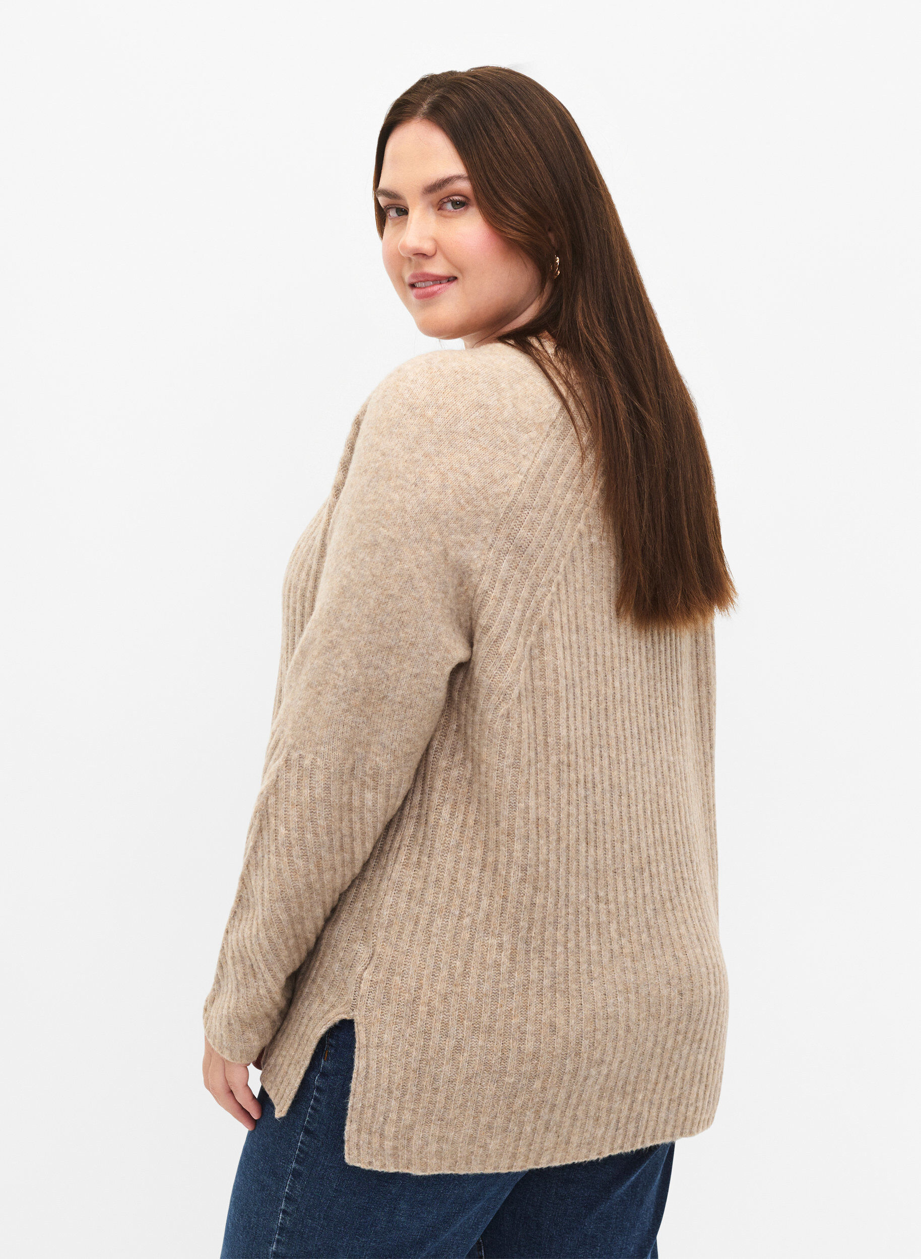 Zizzifashion Knit sweater with slit, Simply Taupe Mel., Model image number 1
