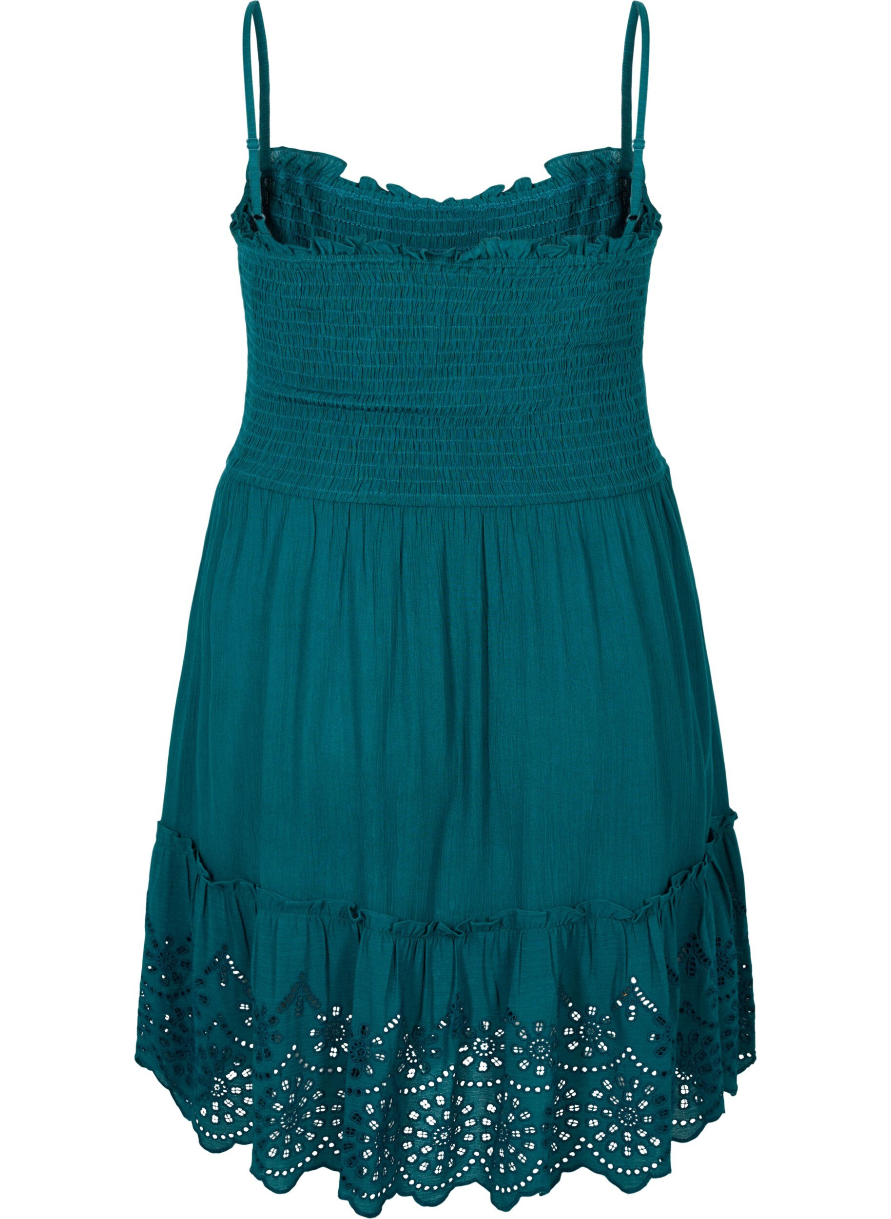 Zizzifashion Viscose smock beach dress with embroidery anglaise, Deep Teal, Packshot image number 1