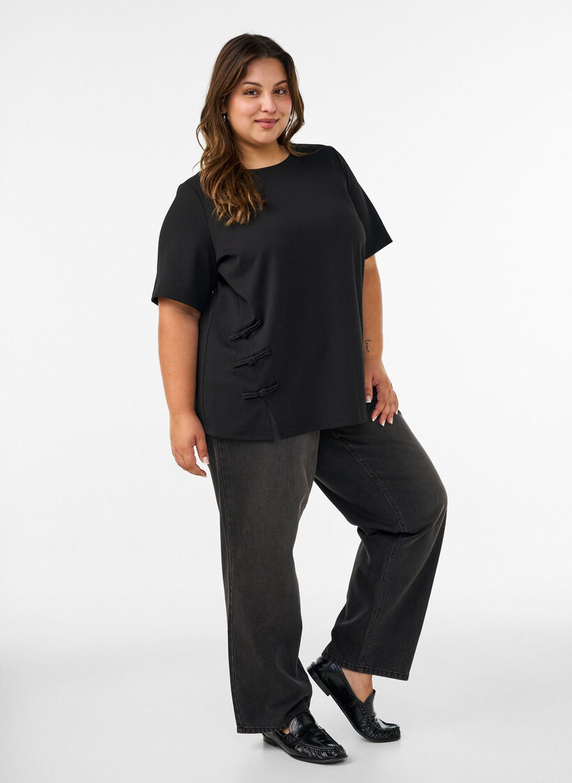 T-shirt with slits and decorative knot closures, Black, Model image number 1