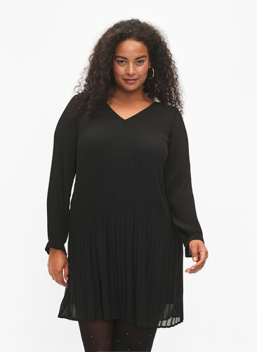 Pleated tunic with long sleeves, Black, Model image number 0