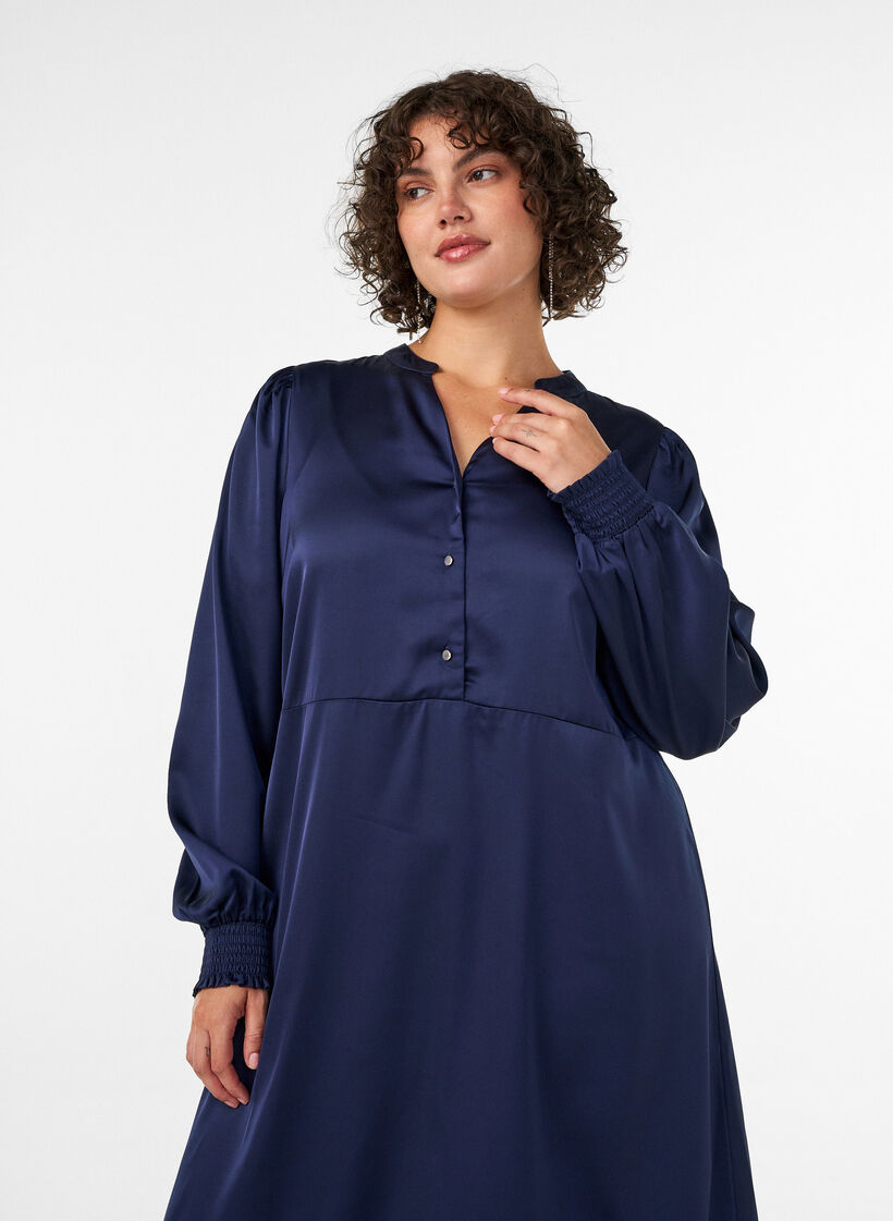 Satin dress with long sleeves and V-neck, Blue, Model image number 2
