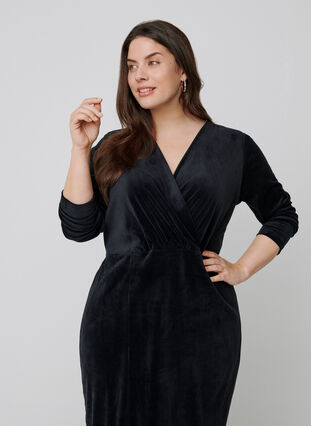 Long-sleeved velour midi dress, Black, Model image number 1