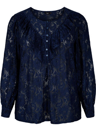 Lace top with frill detail, Navy, Packshot image number 0