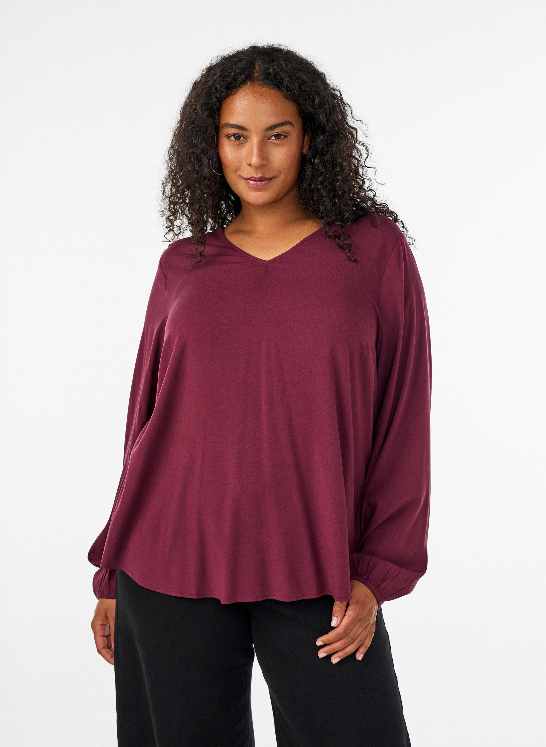 ZizzifashionViscose blouse with V-neck and rounded hem, Red, Model image number 0