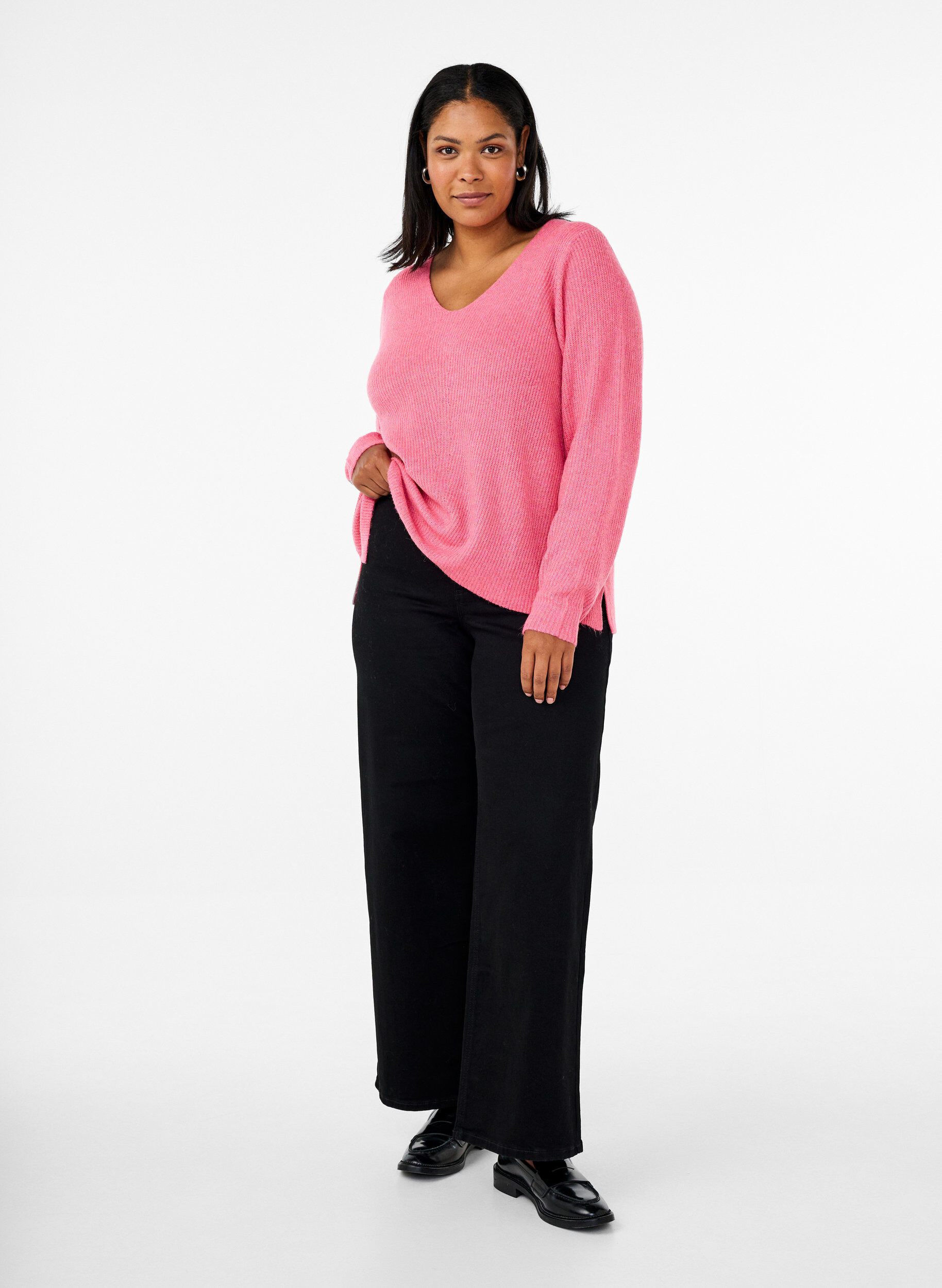 Zizzifashion Knitted blouse with v-neck and long sleeves, Bubblegum Wh. Mel., Model image number 2