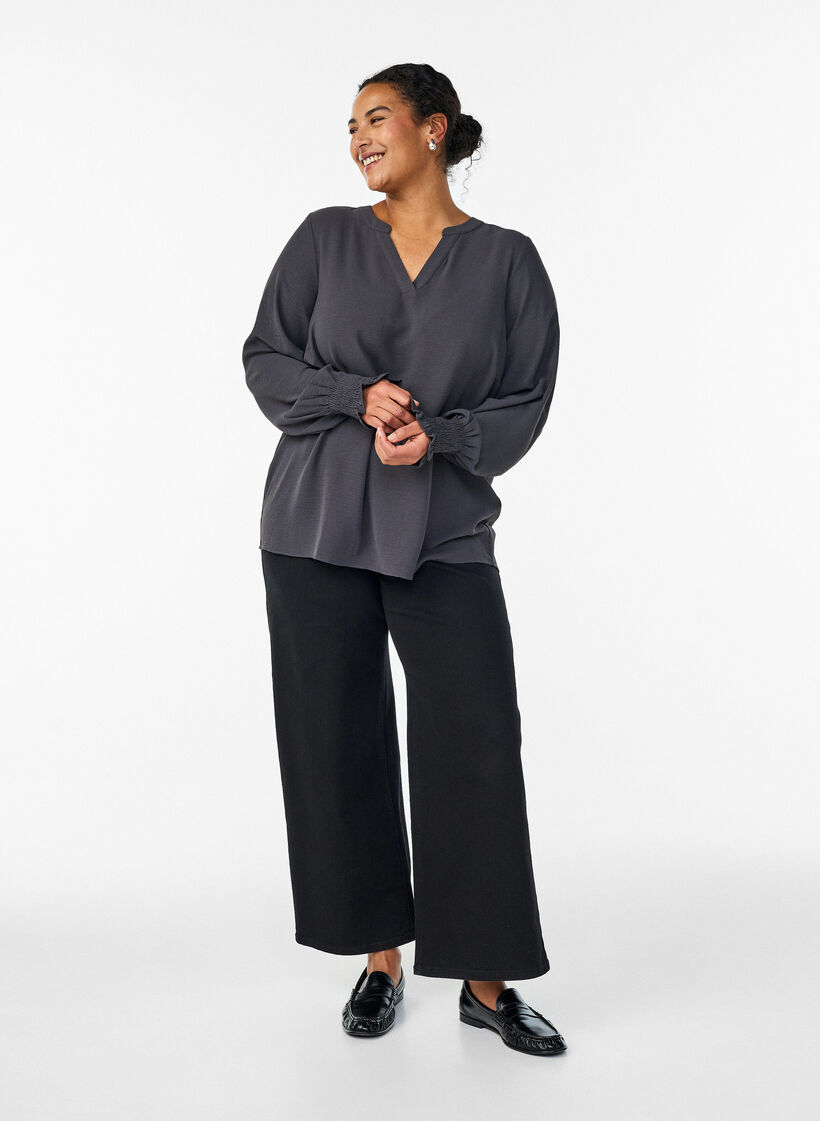 Blouse with smock cuffs and V-neck, Dark Grey, Model image number 1