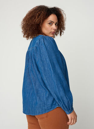 Denim blouse with long puff sleeves, Blue denim, Model image number 1
