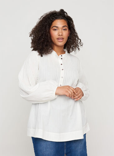 Long-sleeved blouse in cotton, Bright White, Model image number 0