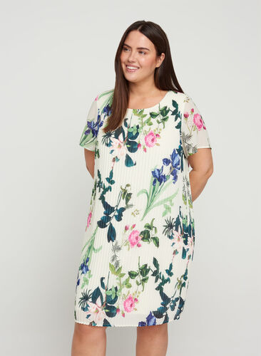 Short-sleeved pleated dress with floral print, Bright White AOP, Model image number 0
