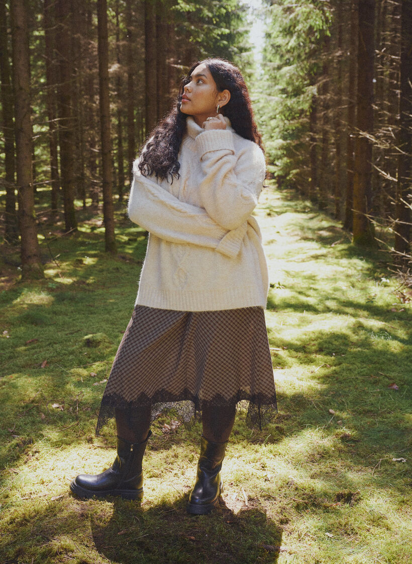 Midi skirt with lace trim and check pattern, Brown, Image image number 0