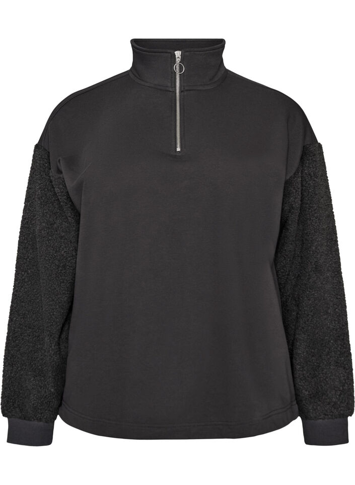 Sweatshirt with teddy sleeves and a high neck, Dark Grey, Packshot image number 0