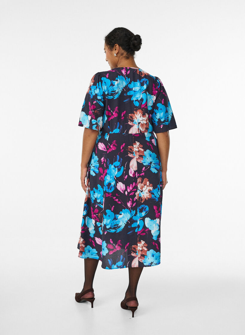 Midi dress with floral print and empire line, Black, Model image number 1
